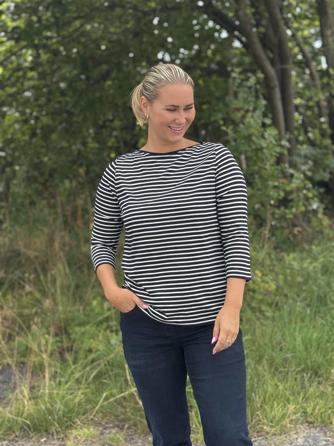 Cecil - Stripet genser med båthals og 3/4 ermer