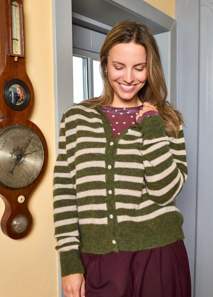 Black Colour - BCdell Stripete UllCardigan - Army Grønn
